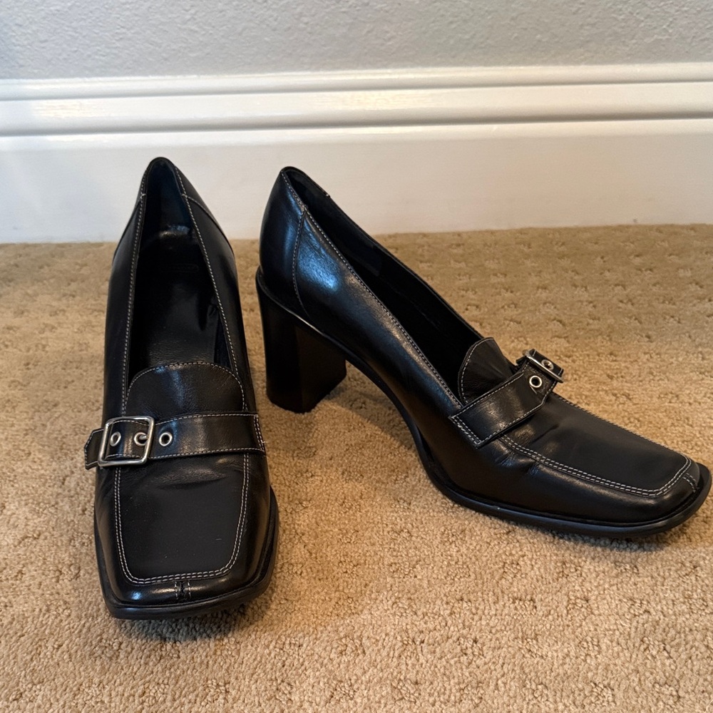 Coach Black Leather Block Heel Loafers with Buckle Strap